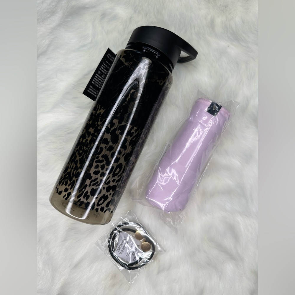 Victoria's Secret Leopard Water Bottle + 26" Microfiber Gym Towel + 2 Hair Ties